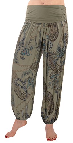 FASHION YOU WANT Damen Sommerhose Pumphose Haremshose mit kleinem Paisleymuster Größe 34/36 bis Größe 48/50 verfügbar Leichte Haremshose (46/48, gr. BA Khaki) von FASHION YOU WANT
