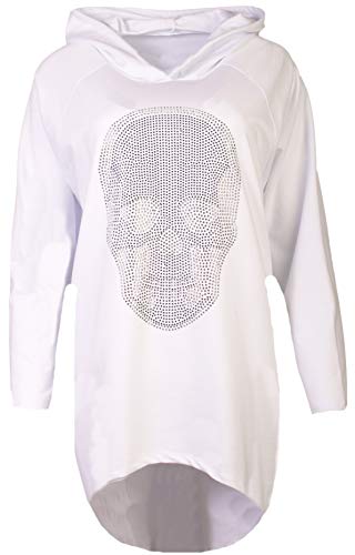 FASHION YOU WANT Damen Totenkopf Pullover Glitzer Sweatshirt Pailletten Strass Stretch Oversize Shirt Langarm Shirt Hoodie vorne kurz hinten Lang Fishtail (weiß, 40/42) von FASHION YOU WANT