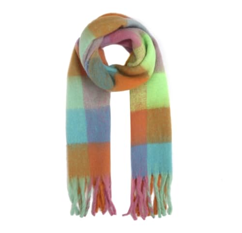 FASHION YOU WANT Damen Web Strickschal mit buntem Karo Muster und langen dicken Fransen, warmer Winter, Stola (S16) von FASHION YOU WANT