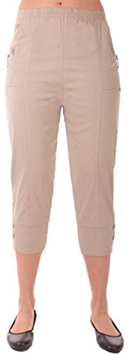 FASHION YOU WANT Damen große Größen Caprihose 7/8 Hose Elegante Stretchhose Übergröße Gr. 40/42 bis Gr 54/56 mit Elasthan und Knopfapplikationen Shorts Kurze Hose Sommer Hose (beige, 40/42) von FASHION YOU WANT