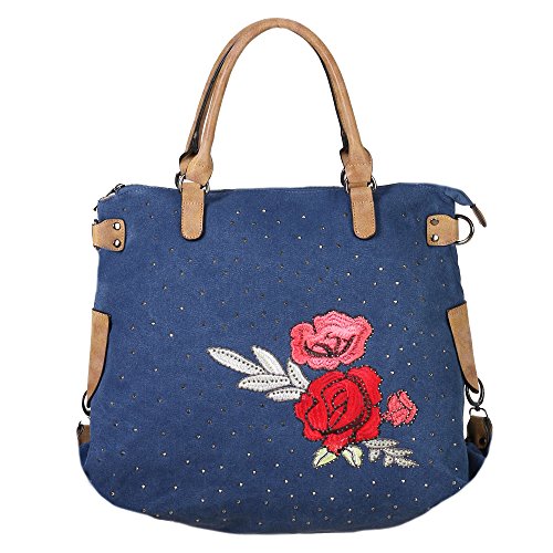 FASHION YOU WANT Handtasche Rose Henkeltasche mit Rosen Patch und vielen kleinen Nieten (blau) von FASHION YOU WANT