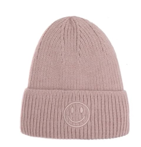 FASHION YOU WANT Strickmütze mit lächelndem Gesicht für Damen und Herren Smiley 1 (DE/NL/SE/PL, Alphanumerisch, Einheitsgröße, Altrosa) von FASHION YOU WANT
