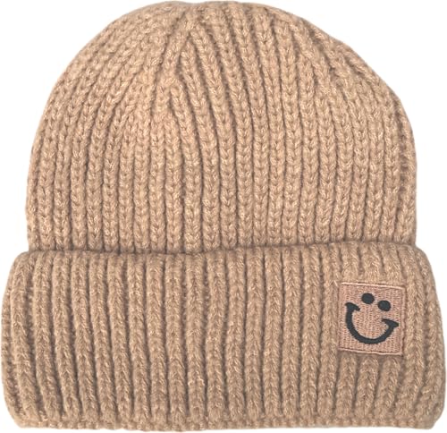 FASHION YOU WANT Strickmütze mit lächelndem Gesicht für Damen und Herren Smiley 1 (DE/NL/SE/PL, Alphanumerisch, Einheitsgröße, SM3 Schlamm) von FASHION YOU WANT