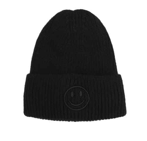 FASHION YOU WANT Strickmütze mit lächelndem Gesicht für Damen und Herren Smiley 1 (DE/NL/SE/PL, Alphanumerisch, Einheitsgröße, schwarz/schwarz) von FASHION YOU WANT
