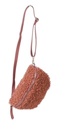 FASHION YOU WANT Teddy Plüsch Hüfttasche Damen Gürteltasche für Festival Reise Bauchtasche mittelgroße Crossbody Bag Frauen mit echt Leder Schultergurt Maße 27x16cm (Altrosa RFS Gold) von FASHION YOU WANT