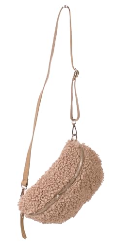FASHION YOU WANT Teddy Plüsch Hüfttasche Damen Gürteltasche für Festival Reise Bauchtasche mittelgroße Crossbody Bag Frauen mit echt Leder Schultergurt Maße 27x16cm (Dunkelbeige RFS Gold) von FASHION YOU WANT