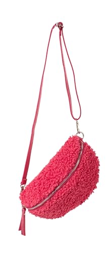 FASHION YOU WANT Teddy Plüsch Hüfttasche Damen Gürteltasche für Festival Reise Bauchtasche mittelgroße Crossbody Bag Frauen mit echt Leder Schultergurt Maße 27x16cm (Fuchsia RFS Silber) von FASHION YOU WANT