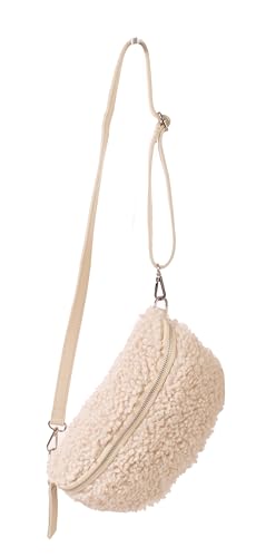 FASHION YOU WANT Teddy Plüsch Hüfttasche Damen Gürteltasche für Festival Reise Bauchtasche mittelgroße Crossbody Bag Frauen mit echt Leder Schultergurt Maße 27x16cm (Hellbeige RFS Gold) von FASHION YOU WANT