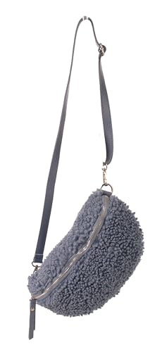 FASHION YOU WANT Teddy Plüsch Hüfttasche Damen Gürteltasche für Festival Reise Bauchtasche mittelgroße Crossbody Bag Frauen mit echt Leder Schultergurt Maße 27x16cm (Jeansblau RFS Silber) von FASHION YOU WANT