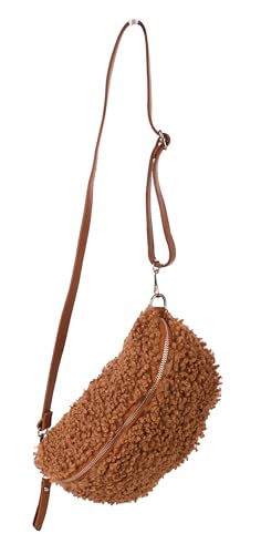 FASHION YOU WANT Teddy Plüsch Hüfttasche Damen Gürteltasche für Festival Reise Bauchtasche mittelgroße Crossbody Bag Frauen mit echt Leder Schultergurt Maße 27x16cm (Mocca RFS Gold) von FASHION YOU WANT