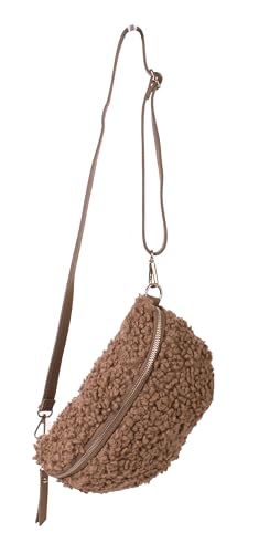 FASHION YOU WANT Teddy Plüsch Hüfttasche Damen Gürteltasche für Festival Reise Bauchtasche mittelgroße Crossbody Bag Frauen mit echt Leder Schultergurt Maße 27x16cm (Schlamm RFS Gold) von FASHION YOU WANT