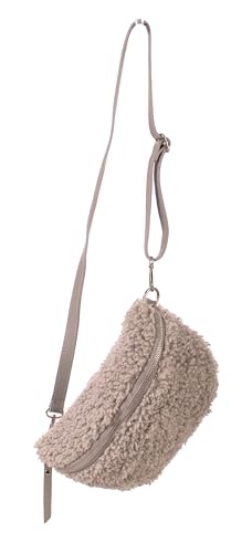 FASHION YOU WANT Teddy Plüsch Hüfttasche Damen Gürteltasche für Festival Reise Bauchtasche mittelgroße Crossbody Bag Frauen mit echt Leder Schultergurt Maße 27x16cm (hellgrau RFS Silber) von FASHION YOU WANT