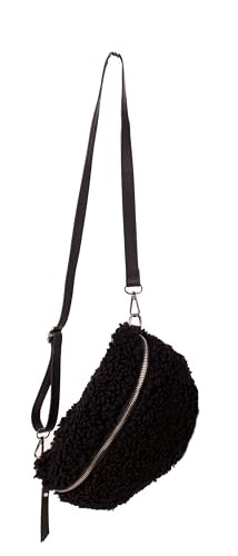 FASHION YOU WANT Teddy Plüsch Hüfttasche Damen Gürteltasche für Festival Reise Bauchtasche mittelgroße Crossbody Bag Frauen mit echt Leder Schultergurt Maße 27x16cm (schwarz RFS Silber) von FASHION YOU WANT