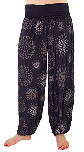 FASHION YOU WANT Damen Sommerhose Pumphose Haremshose mit Blumenmuster Flower Größe 34/36 bis Größe 48/50 verfügbar Leichte Haremshose (42/44, PB (dunkelblau)) von FASHION YOU WANT