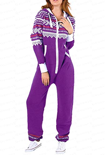 FASHIONCHIC Damen Jumpsuit mit Kapuze und Reißverschluss, Aztekenmuster, Übergröße XL XXL XXXL XXXXL XXXXXL 36-50 Gr. XXX-Large, violett von FASHIONCHIC