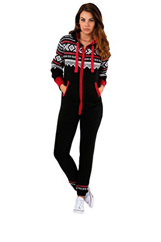 FASHIONCHIC Damen Jumpsuit mit Kapuze und Reißverschluss, Aztekenmuster, Übergröße XL XXL XXXL XXXXL XXXXXL 36-50 Gr. XXXXXL, Schwarz von FASHIONCHIC