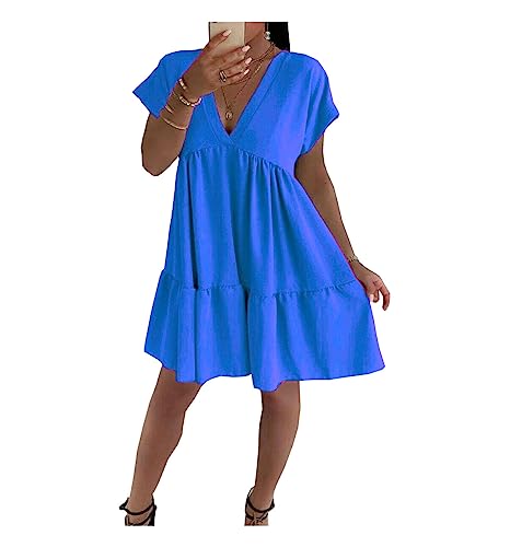 FASHIONISM Damen-Sommerkleid mit kurzen Ärmeln, Rüschen, plissiert, tiefer V-Ausschnitt, ausgestelltes Sommerkleid, Einheitsgröße, passend für Größe 36-50, königsblau, Einheitsgröße von FASHIONISM