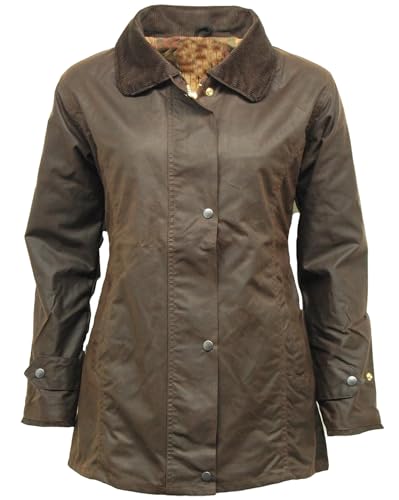 FASHIONISM Klassische Wachsjacke für Damen, mit taillierter Form und Innenfutter mit Schottenkaro, Reißverschluss und Nieten, braun, XL von FASHIONISM