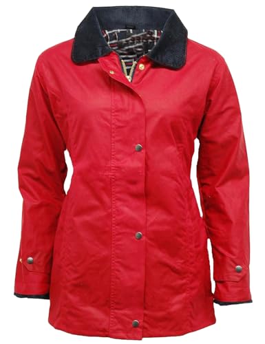 FASHIONISM Klassische Wachsjacke für Damen, mit taillierter Form und Innenfutter mit Schottenkaro, Reißverschluss und Nieten, rot, XXL von FASHIONISM