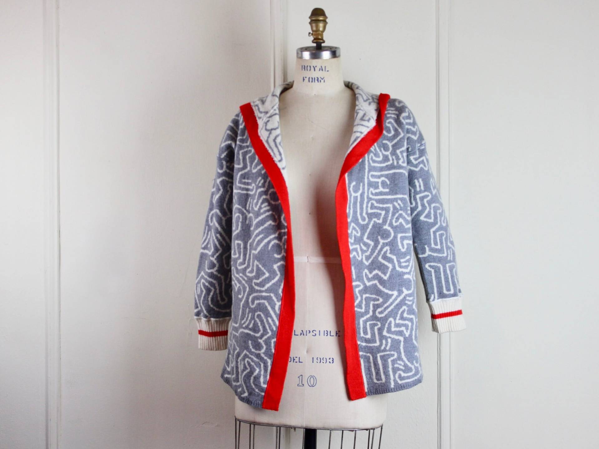 Vintage Keith Haring Kapuzenjacke Strickjacke Von Jc De Castelbajac - Grau & Weiß Bodyprint 46, Einheitsgröße, Klein, Mittel, Groß von FASHIONRERUN