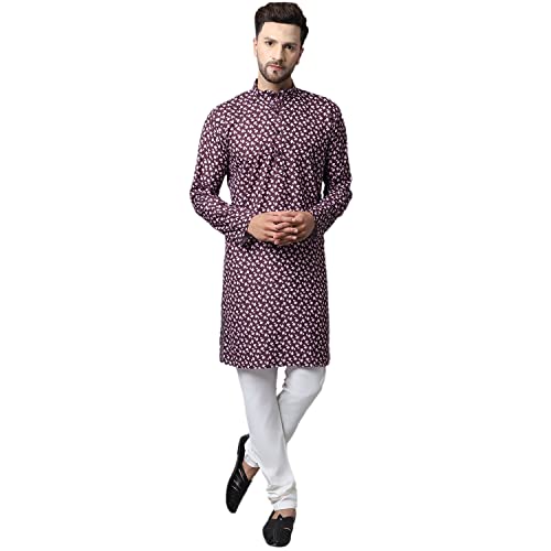 FASHIONZAADI Herren-Pyjama-Set, bedruckt, indisch, Hochzeit, Festlich, Party, lässig, Button-Down-Shirt für Herren, kastanienbraun, M von FASHIONZAADI