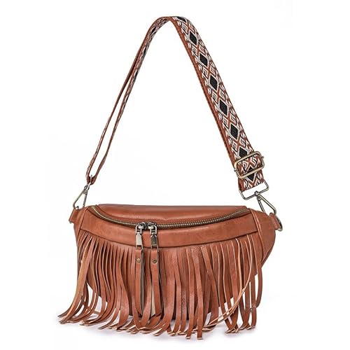 Bauchtasche aus Leder für Damen, Crossbody-Tasche mit abnehmbaren Fransen, modische Hüfttaschen, Braun, Medium, Boho-Stil von FASHLANLIKA