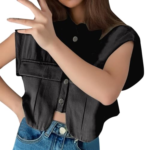 Cargo Tank Tops Revers Crop Top Jeanstops Damen Sommer Jeans Hemd ärmellos mit Taschen Denimhemd Strand Freizeit Bluse Einfarbig Loose fit Mode Streetwear Oberteile Camisole von FASLOLSDP