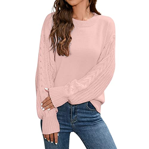 FASLOLSDP Damen 2022 Niedliche, Elegante, weiche Rundhalsausschnitt-Langarm-Hohlstrickpullover mit Zopfmuster Damen Pullover Lange von FASLOLSDP