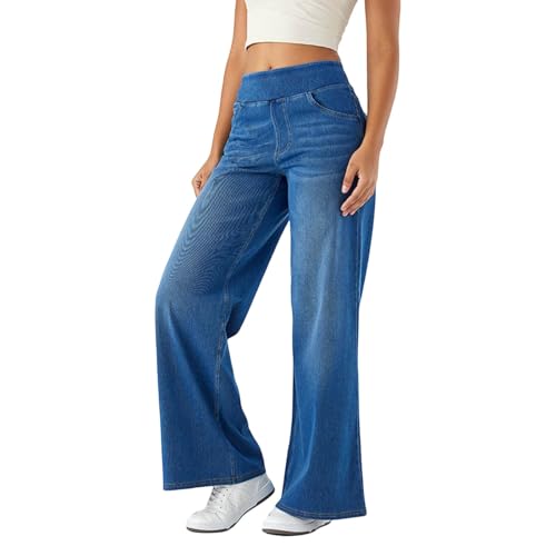 FASLOLSDP Damen Denim Hose mit weitem Bein, hohe Taille, gerades Bein, lockere Passform, Unregelmäßiger handgeriebener Elastizität Casual Jeans Weites Bein Jeans Damen Mit Taschen von FASLOLSDP
