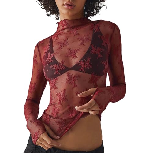 FASLOLSDP Dirndlbluse Elegant, Spitzentop Damen Weiß Mesh Oberteile Transparentes Durchsichtige Tops Sexy Langarmshirt Bluse Tunika Spitze Bierfest Tracht Bluse Women Clubwear von FASLOLSDP