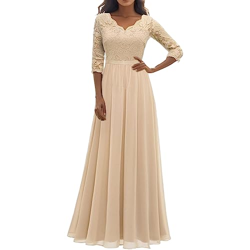 FASLOLSDP Elegantes Damenkleid mit Spitzennähten und Langer Taille Damen Kostüm Elegant (Beige, XL) von FASLOLSDP