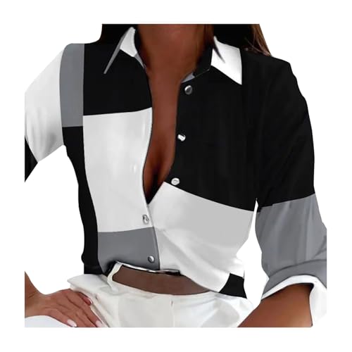 FASLOLSDP Festliche Blusen Damen Hochzeit Damen Hemdbluse Grafik Abstrakt Knopf Druck Langarm Freizeit Alltag Grundlegend Hemdkragen Normal T-Shirt Damen Bluse Mit Spitze Langarm von FASLOLSDP