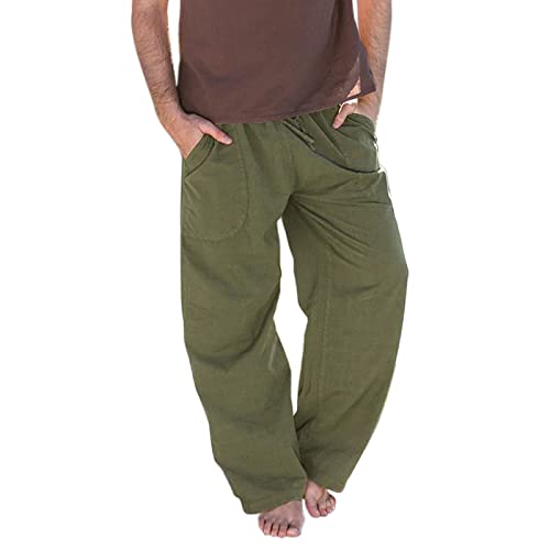 FASLOLSDP Herren Einfarbig Baumwolle Leinenhose Lang Leicht Atmungsaktive Freizeithose mit Weiten Beinen Männer Sommerhose mit Taschen Loose Fit Casual Loungewear von FASLOLSDP