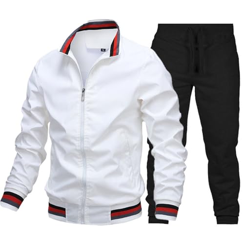 FASLOLSDP Herren-Freizeitjacke, leicht, mit Reißverschluss, langärmlig, Stehkragen, Streifendruck, Tasche, Sportbekleidung, Mantel und Hose Reisetasche Filz (White, XL) von FASLOLSDP