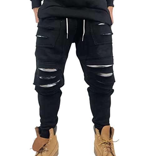 FASLOLSDP Herren Jogginghose Einfarbig Ripped Loch Streetwear mit Gummiband Outdoorhose Hip Hop Hose Regular Fit Lange Freizeithose Trainingshose Sporthose Frachthose von FASLOLSDP