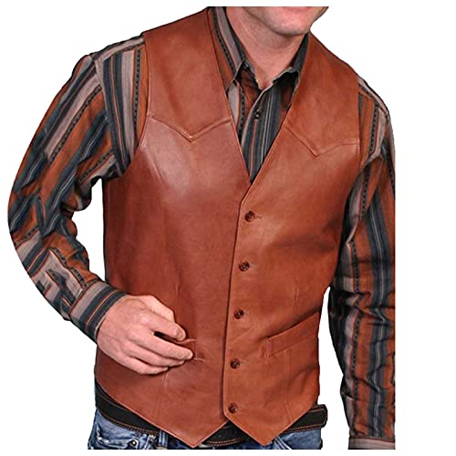 FASLOLSDP Herren Lederwesten Ärmellose V-Ausschnitt Lederjacke Männer Single Breasted Dünne Weste Casual Streetwear Biker Moto Lederwesten von FASLOLSDP