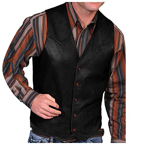 FASLOLSDP Herren Lederwesten Ärmellose V-Ausschnitt Lederjacke Männer Single Breasted Dünne Weste Casual Streetwear Biker Moto Lederwesten von FASLOLSDP