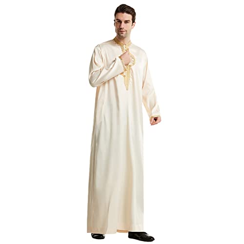 FASLOLSDP Herren Muslim Arabisch Nahost Robe Herren Rundhals Kleidung für Mann Geschenk Ethnische Muslimische Dubai Casual Vintage Robe Stehkragen mit Langen Bademantel… von FASLOLSDP