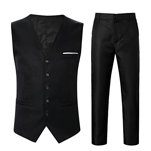 FASLOLSDP Herren Schwarz Weste V-Ausschnitt Ärmellos Anzugweste Gilet mit Knopfleiste Gentleman Party Hochzeit Anzug Business Weste Blazer Mantel Klassische Weste Anzug Set von FASLOLSDP