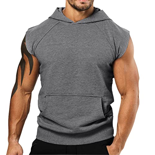 FASLOLSDP Herren Sport Tank Top Mit Kapuze Einfarbig Sommertop Workout Sport Fitness Tankshirt Ärmelloser Muskelshirt Achselshirt Hoodie Sweatshirt mit Handytaschen von FASLOLSDP