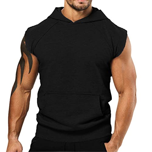 FASLOLSDP Herren Sport Tank Top Mit Kapuze Einfarbig Sommertop Workout Sport Fitness Tankshirt Ärmelloser Muskelshirt Achselshirt Hoodie Sweatshirt mit Handytaschen von FASLOLSDP