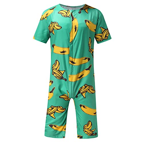 FASLOLSDP Jumpsuit Herren kurz Sommer Einteiler Pyjama Bananen Ananas Druck Unterwäsche Kurzarm Strampler Overall mit Zip Schlafanzug Hausanzug von FASLOLSDP