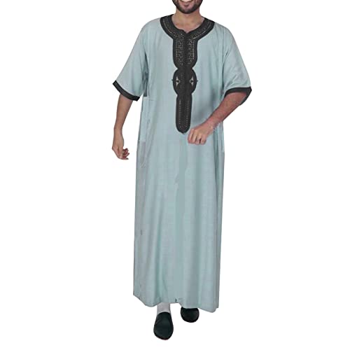 FASLOLSDP Kaftan Herren Abaya Muslimische Robe Muslimische Kleider Stickerei Arabisch Gebet Eid Kleidung Kurzarm Robe Baumwolle Marokkanische Robe Islamische Maxikleid Ramadan Roben von FASLOLSDP