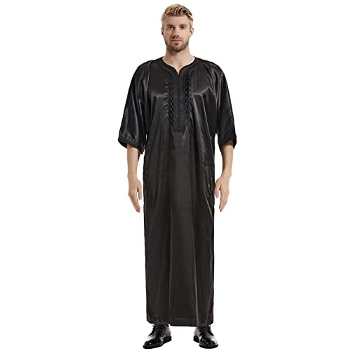 FASLOLSDP Kaftan Herren Abaya Muslimische Robe Muslimische Kleider Stickerei Arabisch Gebet Eid Kleidung Kurzarm Robe Baumwolle Marokkanische Robe Islamische Maxikleid Ramadan Roben von FASLOLSDP