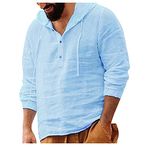 FASLOLSDP Kapuzenhemd Herren Weiß Langarm V-Ausschnitt Leinenhemd Frühling Sommer Freizeithemd mit Kapuze Bequem Atmungsaktives Langarmshirt Übergröße Strand Oberteil Bluse von FASLOLSDP