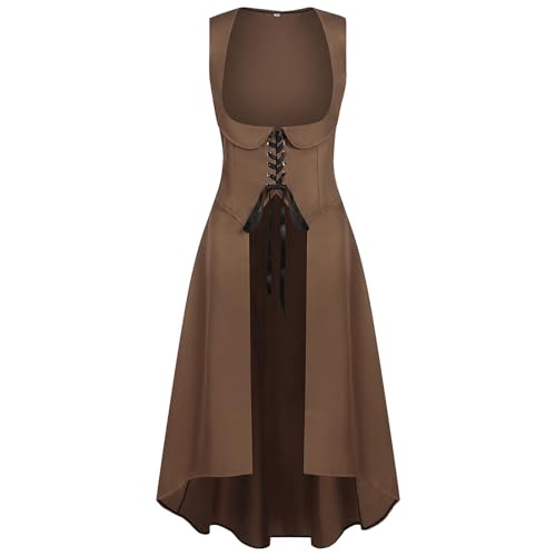 FASLOLSDP Piraten Kostüm Renaissance | Damen Unterbrust Kleid mit High Low Design | Bauernkleid mit Taschen für Mittelalter Veranstaltungen | Für Piratenfeste und LARP Rollenspiel von FASLOLSDP