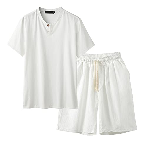 FASLOLSDP Pyjama Herren Kurz Baumwolle Leinen ｜Sommer Schlafanzug Set mit Rundhalsausschnitt｜Leichte Nachtwäsche für Erfrischenden Schlaf｜Atmungsaktiver Kurzarm Shorty von FASLOLSDP