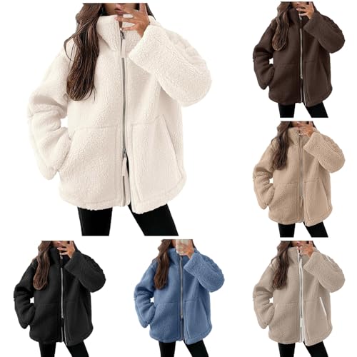 FASLOLSDP Teddyjacke Damen Warme Doppelschneidiger Samt Jacke Dicke Freizeit Fleecejacke mit Taschen Reißverschluss Winterjacke Einfarbig Wintermantel Neueste Plüschjacke 2024 von FASLOLSDP