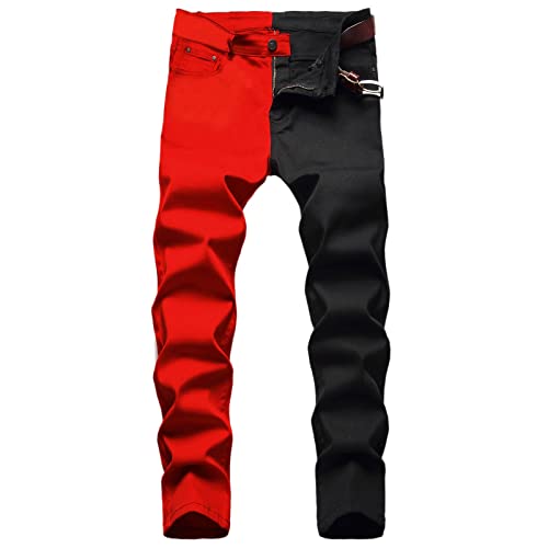 Fashion Straight Hip Jeans Patchwork Street Hop Pants Herren Denim mit Taschen Lässige Herrenhose Arbeitsjeans (Red, 32) von FASLOLSDP