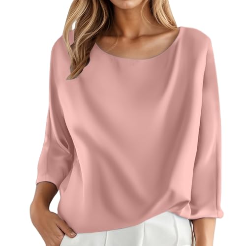 Seiden Bluse Damen 3/4 Ärmel Langarmshirt Elegant Leicht Oversize Tuniken Einfarbig Lässiges Hemd Oberteile Rundhals T-Shirts Locker Tops Langarmhemd Elegante Bluseshirt von FASLOLSDP